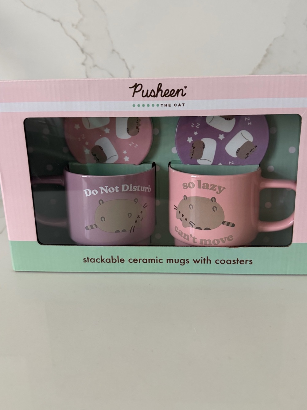 Pusheen Pink and Lavender Stackable Ceramic Mug Set with Coasters - Picture 2 of 5